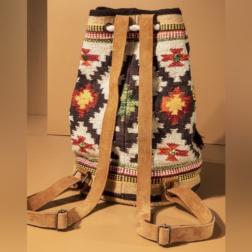 Bucket Style Backpack - Boho Ethnic Inspired Navajo Pattern - Handwoven Cotton - Picture 4 of 10